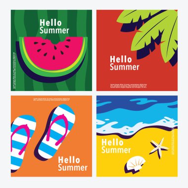 Merhaba Summer, kare pankart şablonu, düz vektör