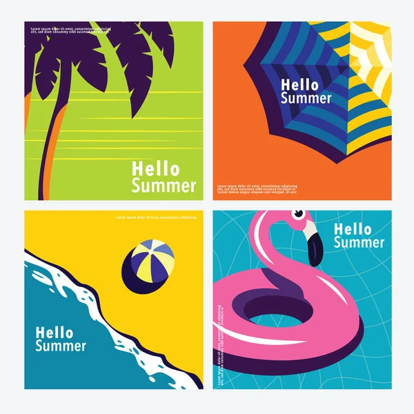 Hola Verano Plantilla Banner Cuadrado Vector Plano — Archivo Imágenes Vectoriales