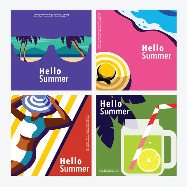 Hola Verano Plantilla Banner Cuadrado Vector Plano — Archivo Imágenes Vectoriales