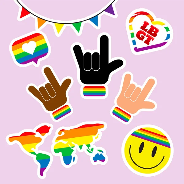 Set Pegatinas Pride Lgbtq Símbolos Engarzados Colores Arco Iris Bandera — Vector de stock
