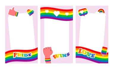 Pride frame stories. LGBT symbols. Love, heart, flag in rainbow colours, Gay, lesbian parade, template Vector  illustration clipart