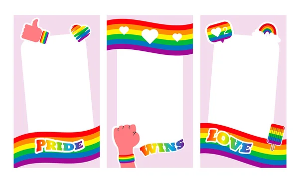 Trotse Frameverhalen Lgbt Symbolen Liefde Hart Vlag Regenboogkleuren Gay Lesbische — Stockvector