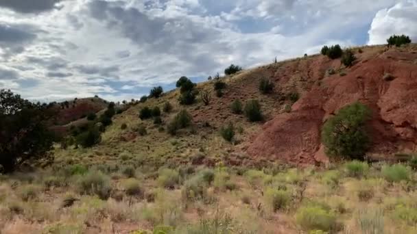 Red sandstone, dirt sand road in Utah, USA. View from a moving car. — Vídeo de Stock