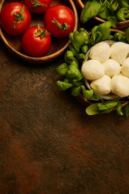 Kiraz domatesleri, mozarella peyniri topları, ahşap kaselerdeki fesleğenler paslı bir doku arka planında..