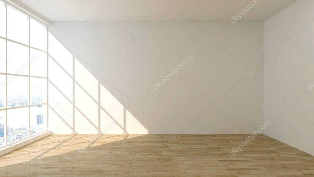 Empty room with white wall, parquet floor, wide panoramic window, and sunlight. 3d rendering. 3d illustration.