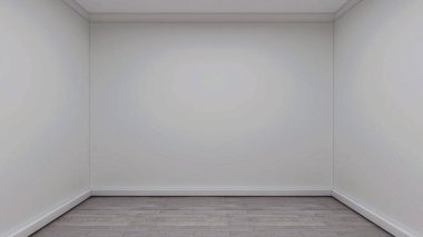 Beyaz duvarı ve gri ahşap zemini olan boş bir oda. 3D görüntüleme. 3d illüstrasyon