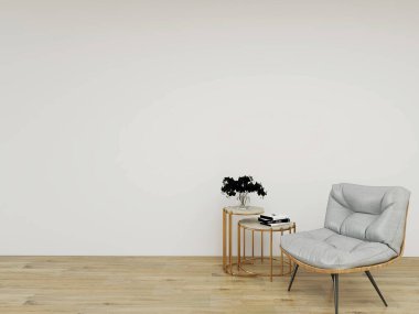 Beyaz, modern bir sandalyesi, paslanmaz sehpası ve parke zemini olan bir model odası. 3D görüntüleme. 3d illüstrasyon