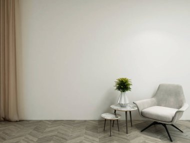 Koltuğu, kahve masası, vazosu, perdesi ve herringbone ahşap zemini olan bir kukla odası. 3D görüntüleme. 3d iç kısım