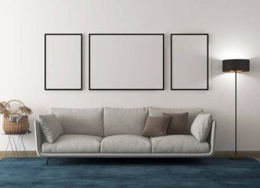 3 tane boş çerçeveli manken odası, bej kanepe, yastık, nesne, mavi halı ve siyah lamba. 3D görüntüleme. 3d illüstrasyon