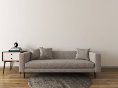 Oturma odasında minimalizm kanepesi, dolap, nesneler ve daire halı ile duvar modeli var. 3D görüntüleme. 3d illüstrasyon