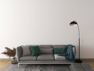 Gri halısı, kanepesi, yastıkları, lambası ve vazosu olan sahte duvar oturma odası. 3 boyutlu illüstrasyon. 3d oluşturma
