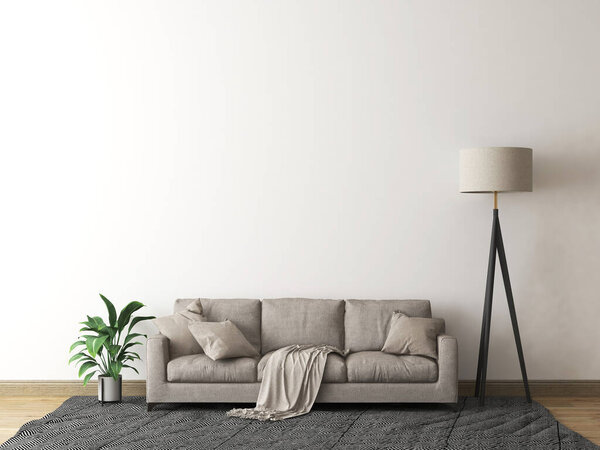 Mockup wall in the living room with sofa, pillow, blanket, plant, gray carpet, and floor lamp. 3d rendering. 3d illustration