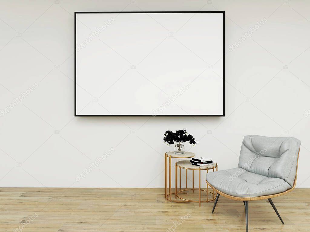Mockup frame with blank frame, white modern chair, stainless coffee table, parquet floor. 3d rendering. 3d illustration