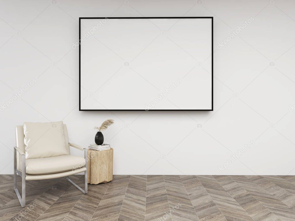 Mockup frame with blank frame, white armchair, vase, and wooden table, herringbone floor. 3d rendering. 3d illustration