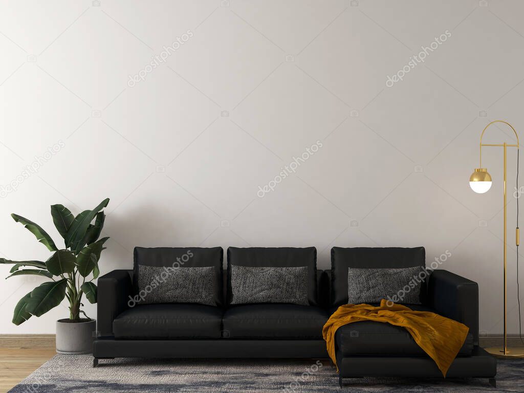 Mockup room with black sofa, pillow, blanket, plant, and unique floor lamp. 3d rendering. 3d interior.
