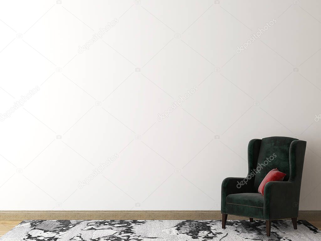 Mockup wall with green armchair and white carpet. 3d rendering. 3d illustration. 