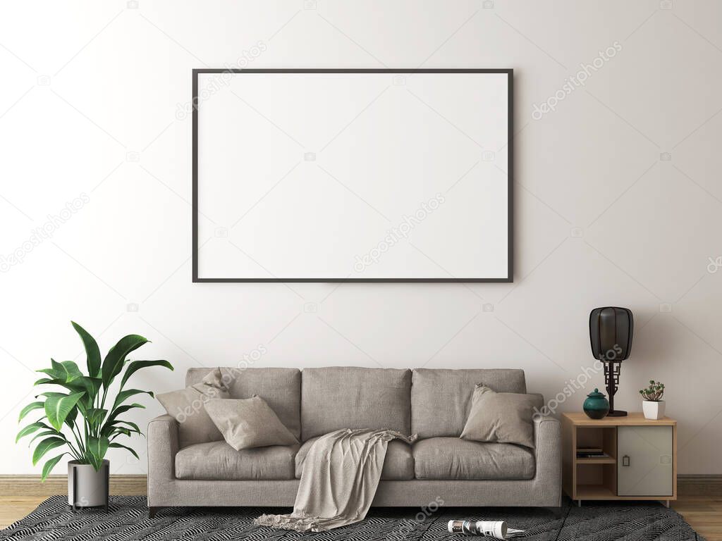 Mockup room in the living room with frame poster, sofa, blanket, pillow, cabinet, objects, plant, and carpet. 3d rendering. 3d illustration. 