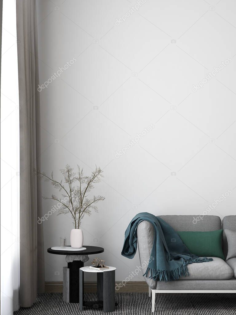 Mockup wall with the side of the sofa, blanket, side table, and carpet. 3d rendering. 3d illustration