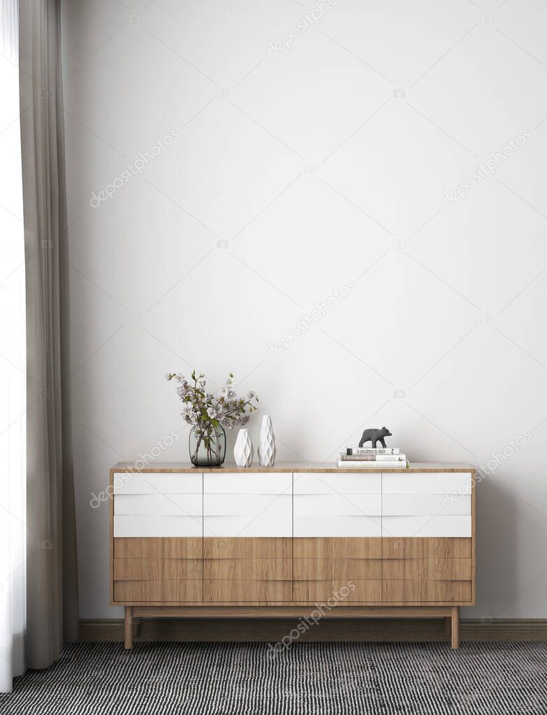 Mockup room with white wood cabinet, gray carpet, white wall. 3d rendering. 3d illustration