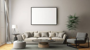 Oturma odasında çerçeve, bej kanepe, koltuk ve masa. 3 boyutlu illüstrasyon. 3d oluşturma