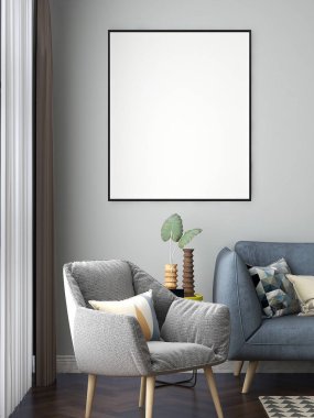 Model çerçeve, gri koltuk ve mavi kanepe ile modern iç mekan. 3 boyutlu illüstrasyon. 3d oluşturma