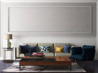 İçi lüks oda, kanepe, yastık, masa lambası ve gri pervazlı duvar. Üç boyutlu illüstrasyon. 3d oluşturma