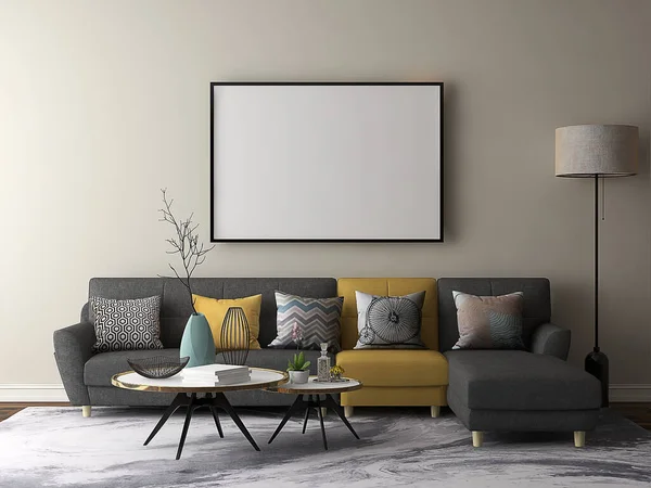 Mockup frame in living room with empty frame and gray yellow sofa. 3d illustration. 3d rendering