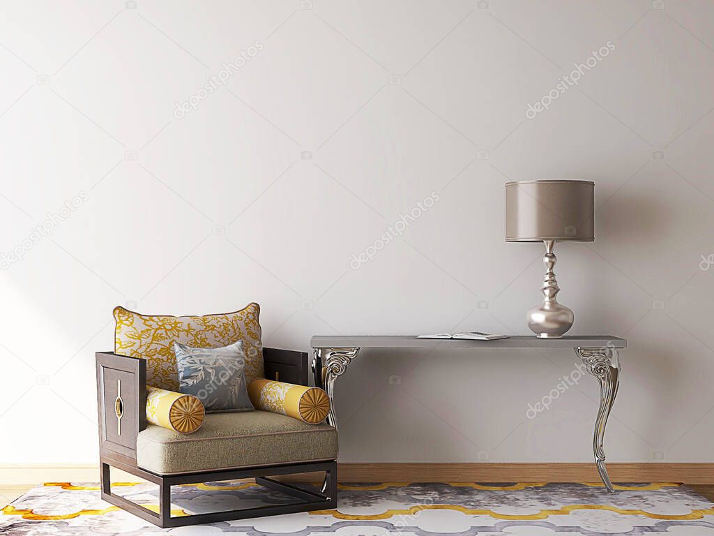 Mockup room with gray yellow chair, desk, and table lamp .3d illustration. 3d rendering