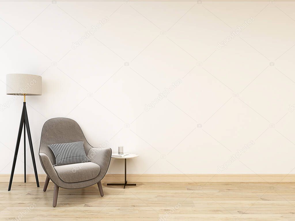 Mockup wall with empty wall, gray armchair, and floor lamp. 3d illustration. 3d rendering