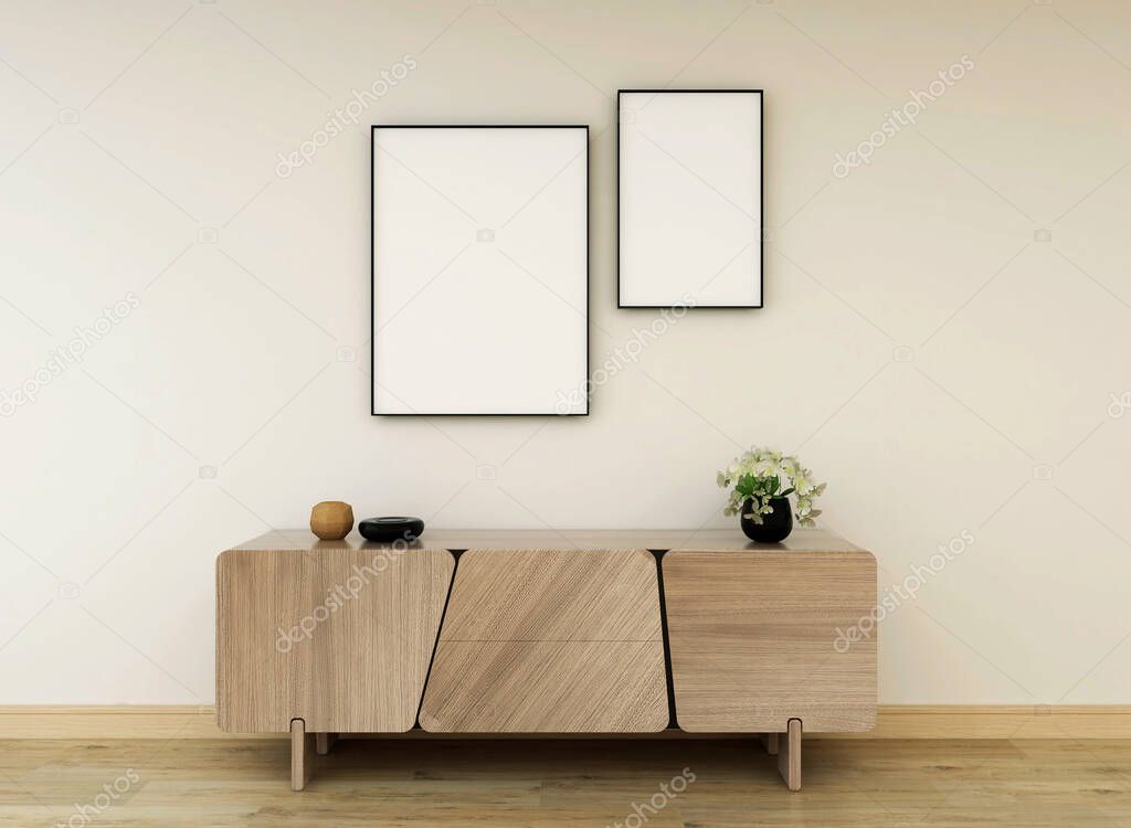 Mockup frame with empty frames, wooden cabinet, and floor lamp. 3d illustration. 3d rendering