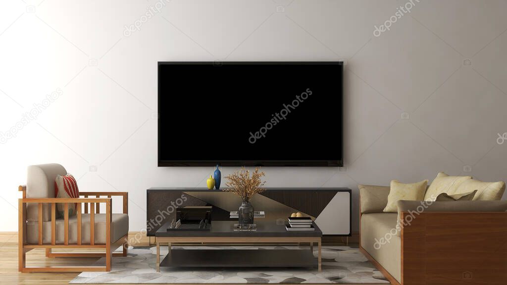 Mockup room in living room with empty tv and sofa set .3d illustration. 3d rendering