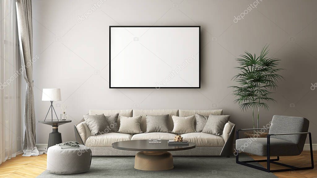 Mockup frame in living room with frame, beige sofa, armchair, and table. 3d illustration. 3d rendering