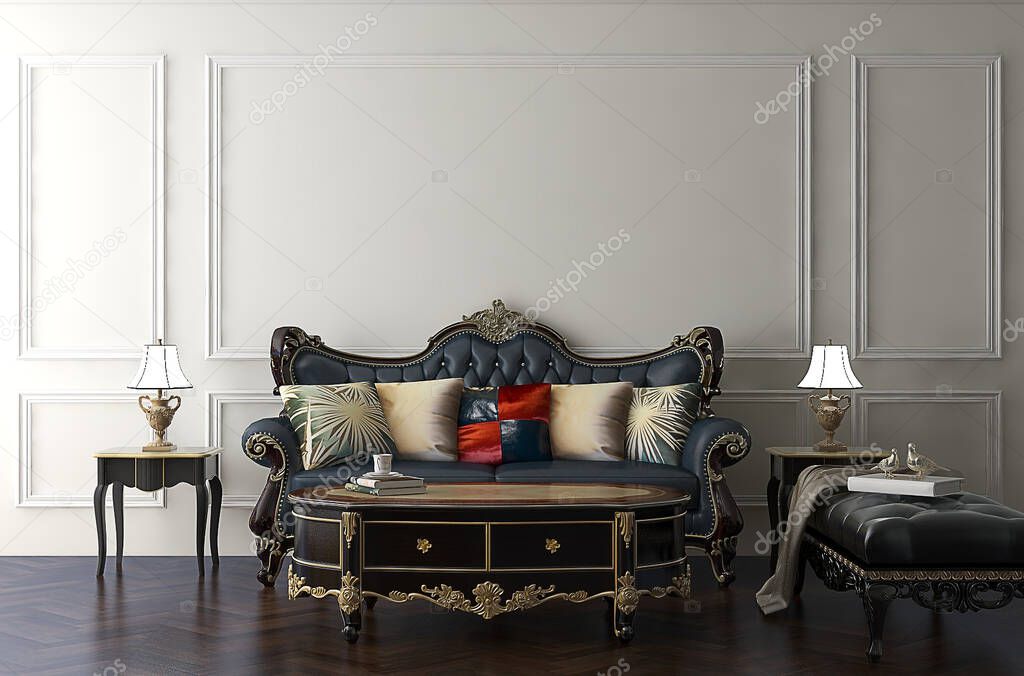 Mokcup room in classic luxury interior room with classic furniture and white classic molding wall. 3d illustration. 3d rendering