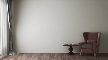 Boş duvarı, masası, klasik koltuğu ve ahşap zemin 3D görüntüsü olan bir model odası. 3d illüstrasyon.