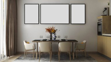Yemek odasında 3 çerçeveli bir çerçeve, yemek masası seti ve 33D mutfak tasarımı. 3d illüstrasyon.