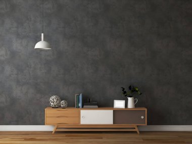 Dolabı, masası, beyaz lambası ve 3D beton duvarı olan bir iç odanın duvar modeli. 3d illüstrasyon.