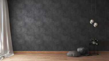 Koyu beton bir duvarın içinde gri bir sandalye, battaniye ve 33D lamba ile süslenmiş bir duvar. 3d illüstrasyon.