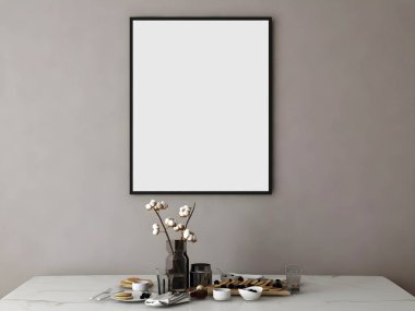 Masanın üstündeki çerçeve ve gri duvardaki nesne. 3D görüntüleme. 3d illüstrasyon