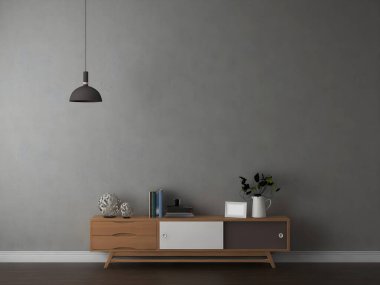 Oturma odasının duvarında beton duvar, asılı lamba, dolap ve 3D nesneler var. 3d illüstrasyon.