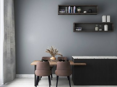 Yemek masası, raflar, dolap ve gri duvarlı bir çerçeve. 3D görüntüleme. 3d illüstrasyon.