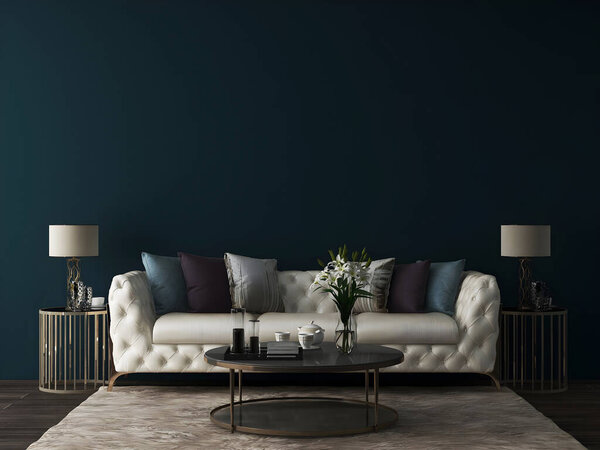 Mockup wall in a luxury interior room with classic white furniture and dark teal painted wall .3d rendering. 3d illustration.
