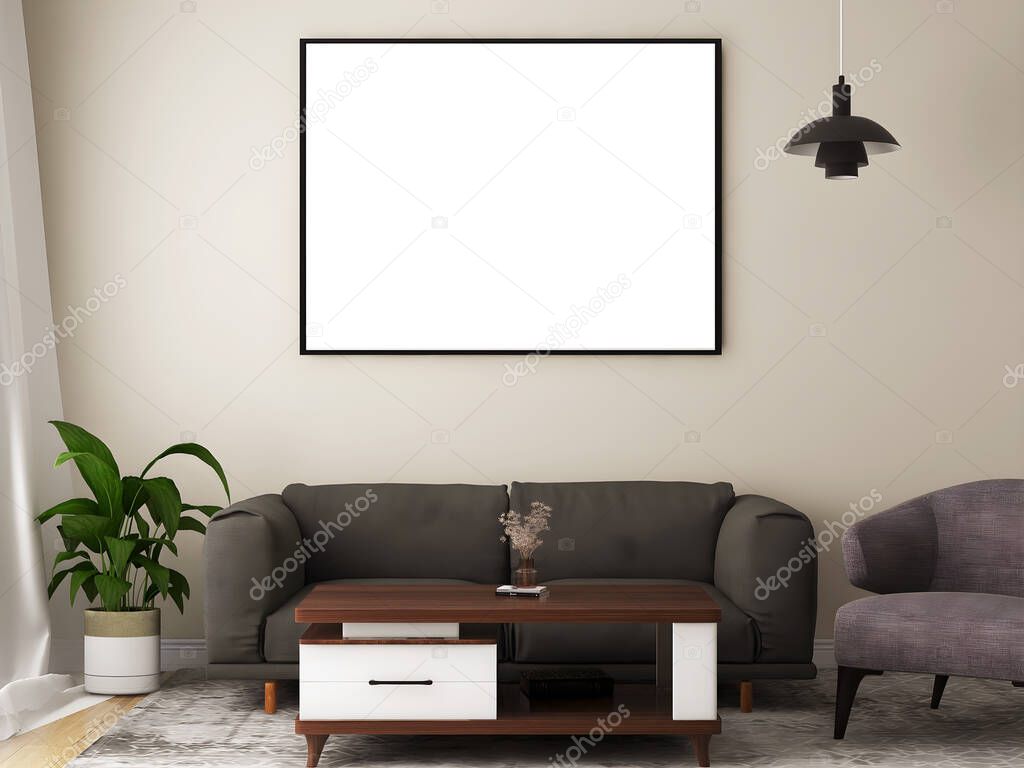 Mockup frame in living room with blank frame, gray sofa, plant, hanging lamp, and khaki painted wall.3d rendering. 3d illustration.