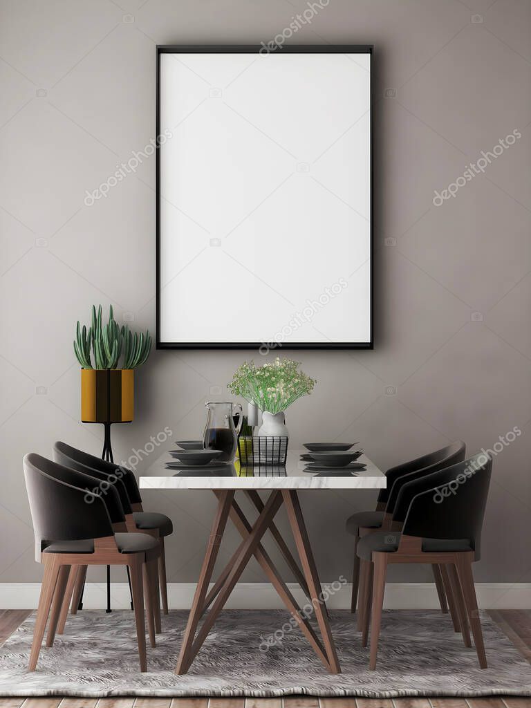 Mockup frame in the dining room with the blank frame, dining table, objects, and gray wall.3d rendering. 3d illustration.