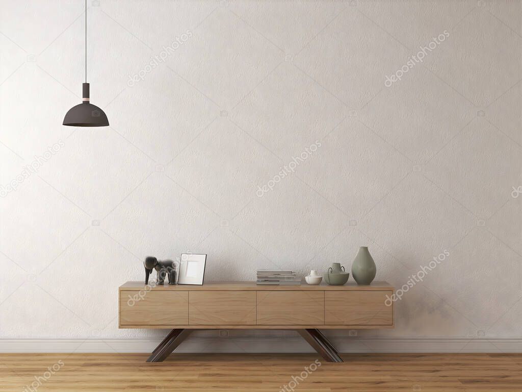 Mockup room with an empty wall, table and objects, and hanging lamp .3d rendering. 3d illustration.