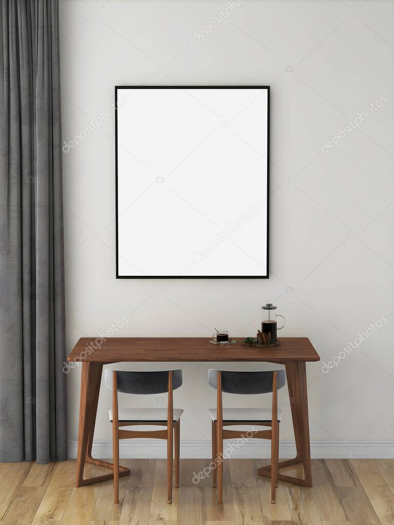 Mockup frame with blank frame, wooden table, and simple chairs .3d rendering. 3d illustration.