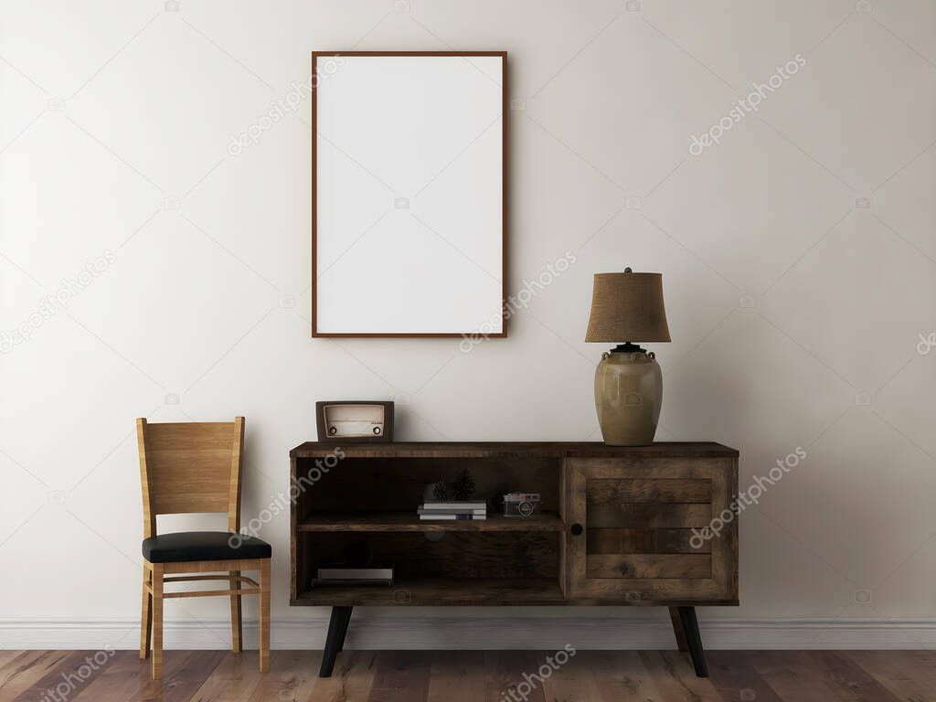 Mockup frame in rustic style interior with wooden furniture, and retro objects .3d rendering. 3d illustration.