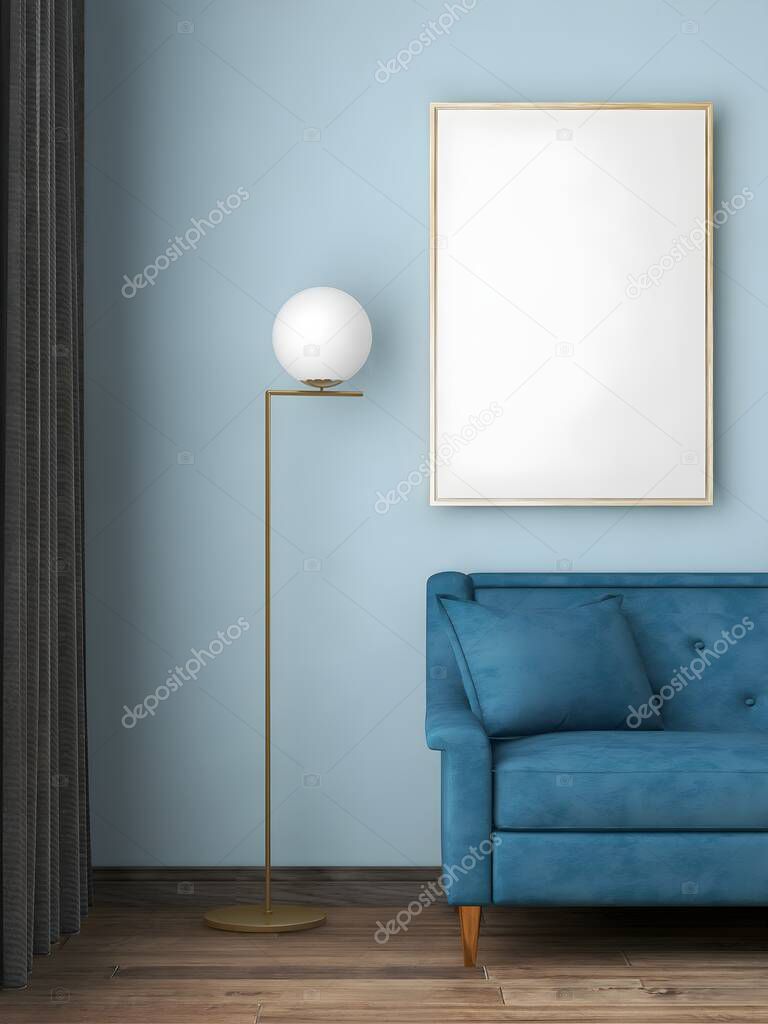 Mockup frame in a blue room with gold frame and blue soda .3d rendering. 3d illustration.