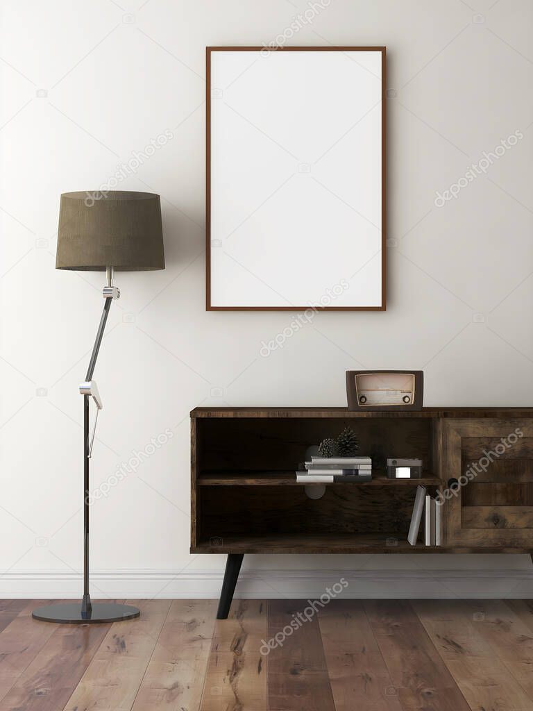Mockup frame in a rustic interior room with wooden frame and wooden furniture. 3d rendering. 3d illustration