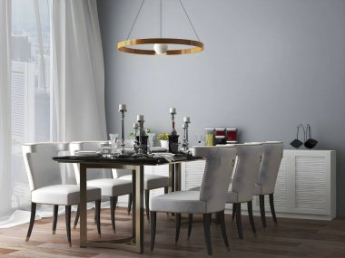 Lüks yemek odası, lüks yemek masası seti ve lüks asılı lambasıyla. 3 boyutlu illüstrasyon. 3d hazırlayıcı
