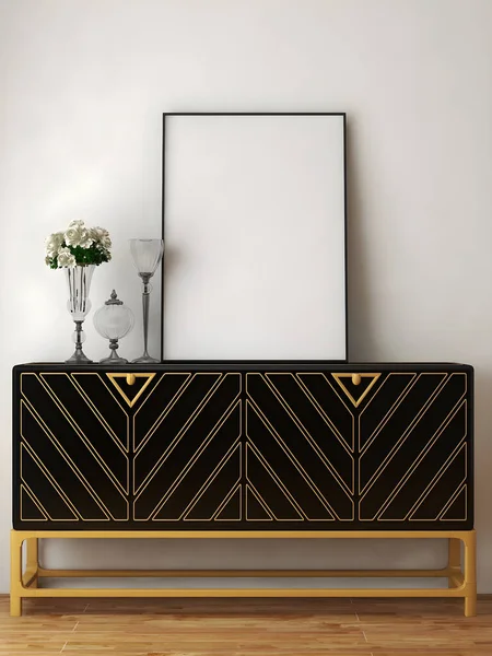 Luxury Black Gold Cabinet Blank Frame Illustration Render —  Fotos de Stock